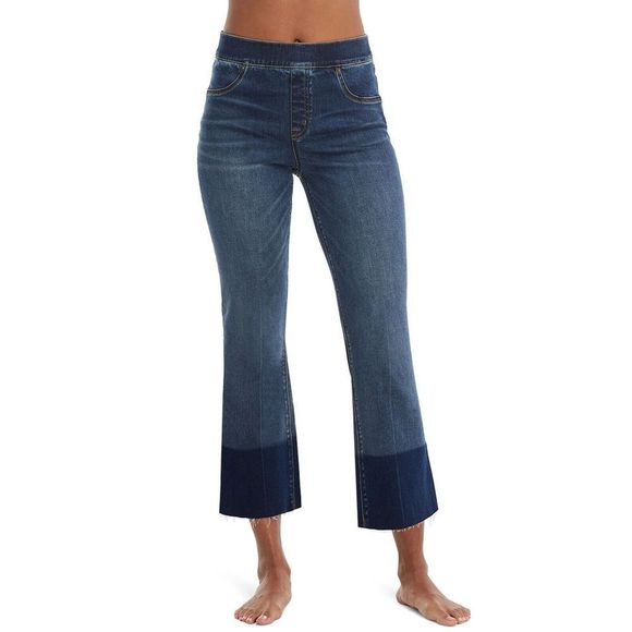 Spanx 20231R Women’s Sz XS Medium Wash Blue Cropped Flare Denim Jeans - Picture 1 of 9